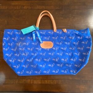 Princess House Blue Floral Tote with Tan Leather Handles